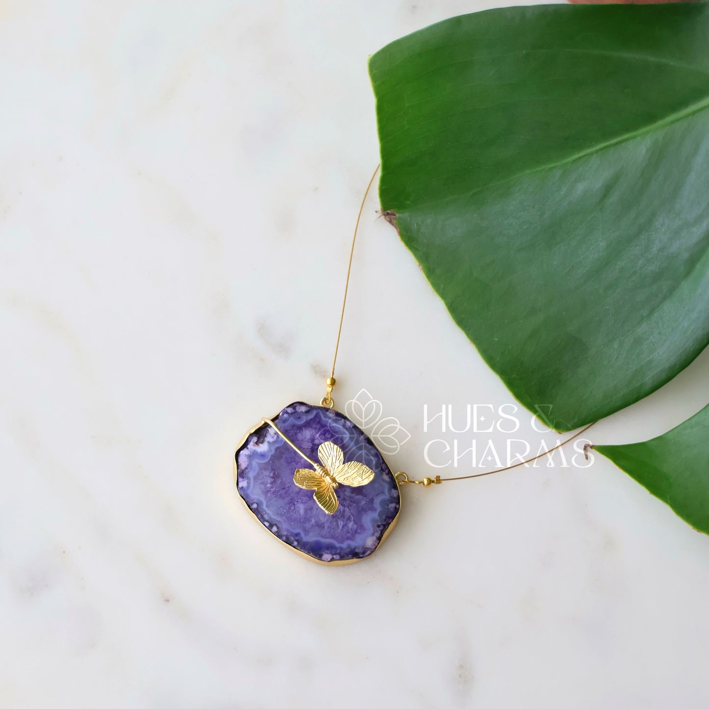 AGATE  STONE WITH BUTTERFLY X FLOATING NECKPIECE (COLOURS AVAILABLE)