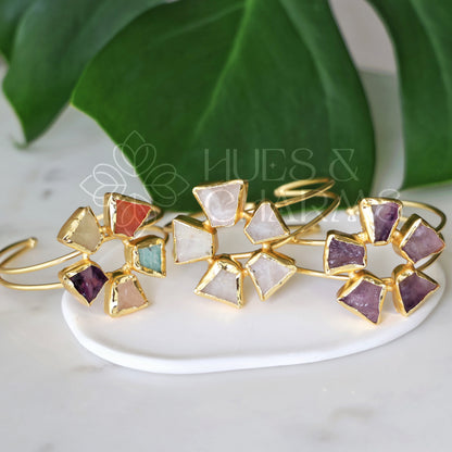 GOLDEN ELARA RAW STONE CUFF ADJUSTABLE BANGLE(COLOURS AVAILABLE)