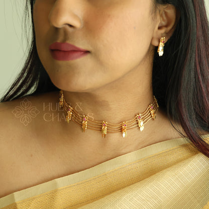 TRADITIONAL STATEMENT 5 LAYER RUBY ELAKKATHALI CHOKER SET | GOLD PLATED