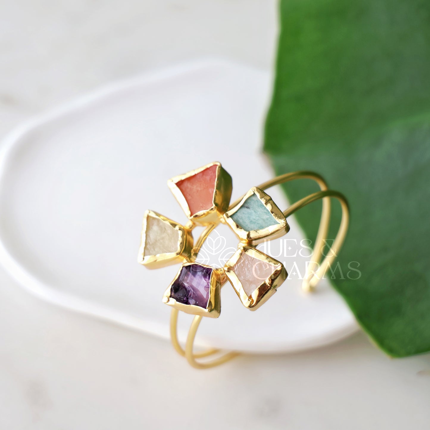 GOLDEN ELARA RAW STONE CUFF ADJUSTABLE BANGLE(COLOURS AVAILABLE)