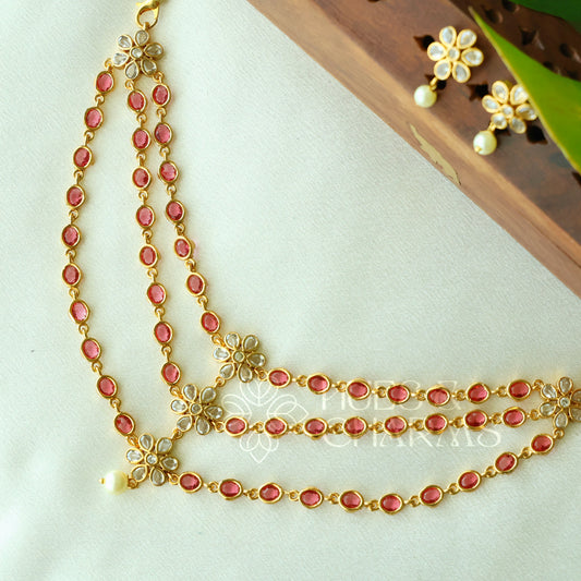 THREE-LAYER PUSHPA NECKLACE SET WITH PEARL