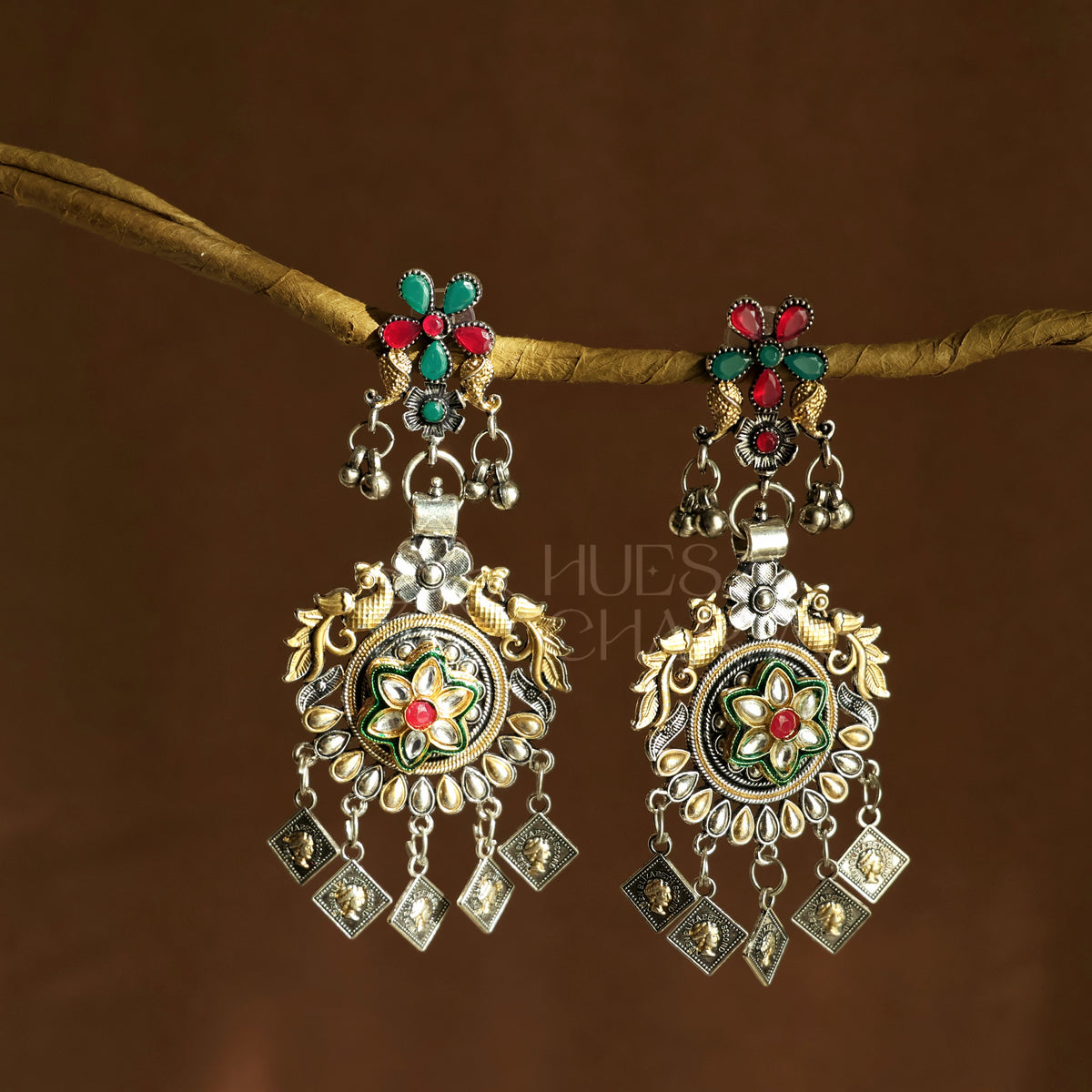 OXIDIZED DUAL TONE PHOOL MAYURI EARRINGS