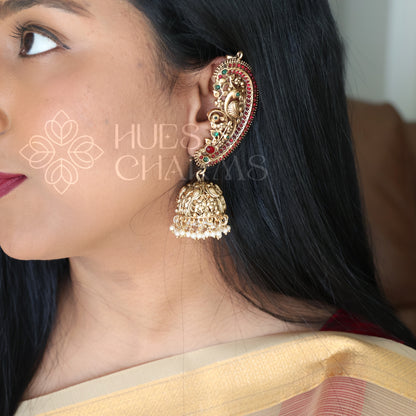 GOLDEN STATEMENT MAYURA EAR CUFF JHUMKAS WITH PEARLS