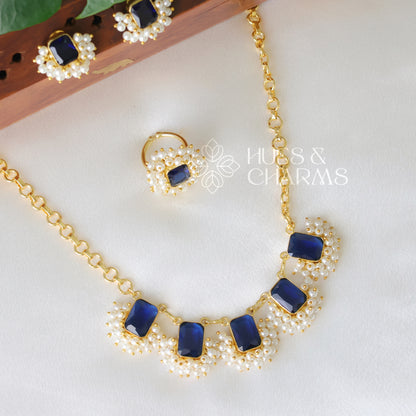 GLOSSY SQUARE DROP NECKLACE SET WITH PEARLS -BLUE