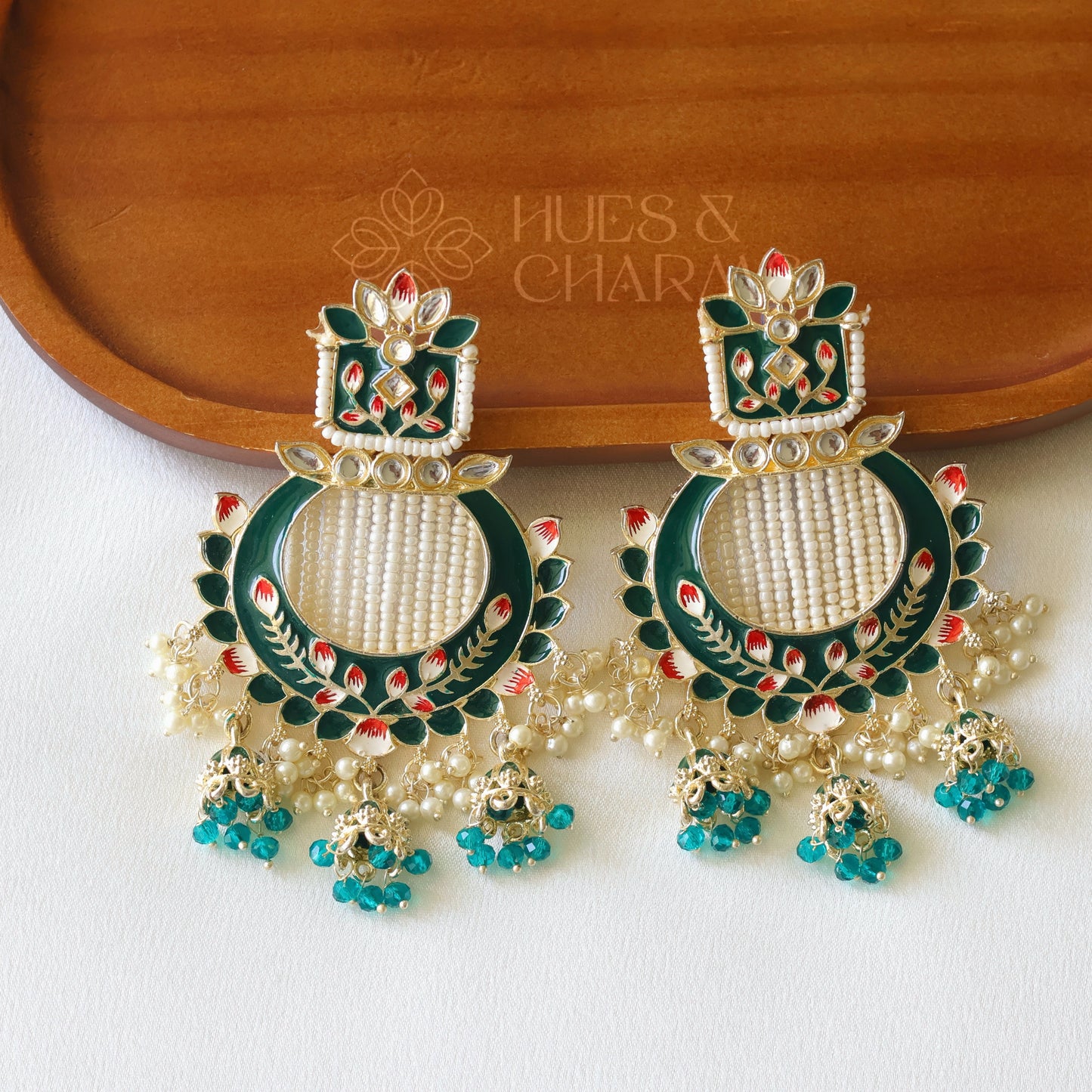 MEENAKARI EARRINGS WITH TRI JHUMKA  - GREEN