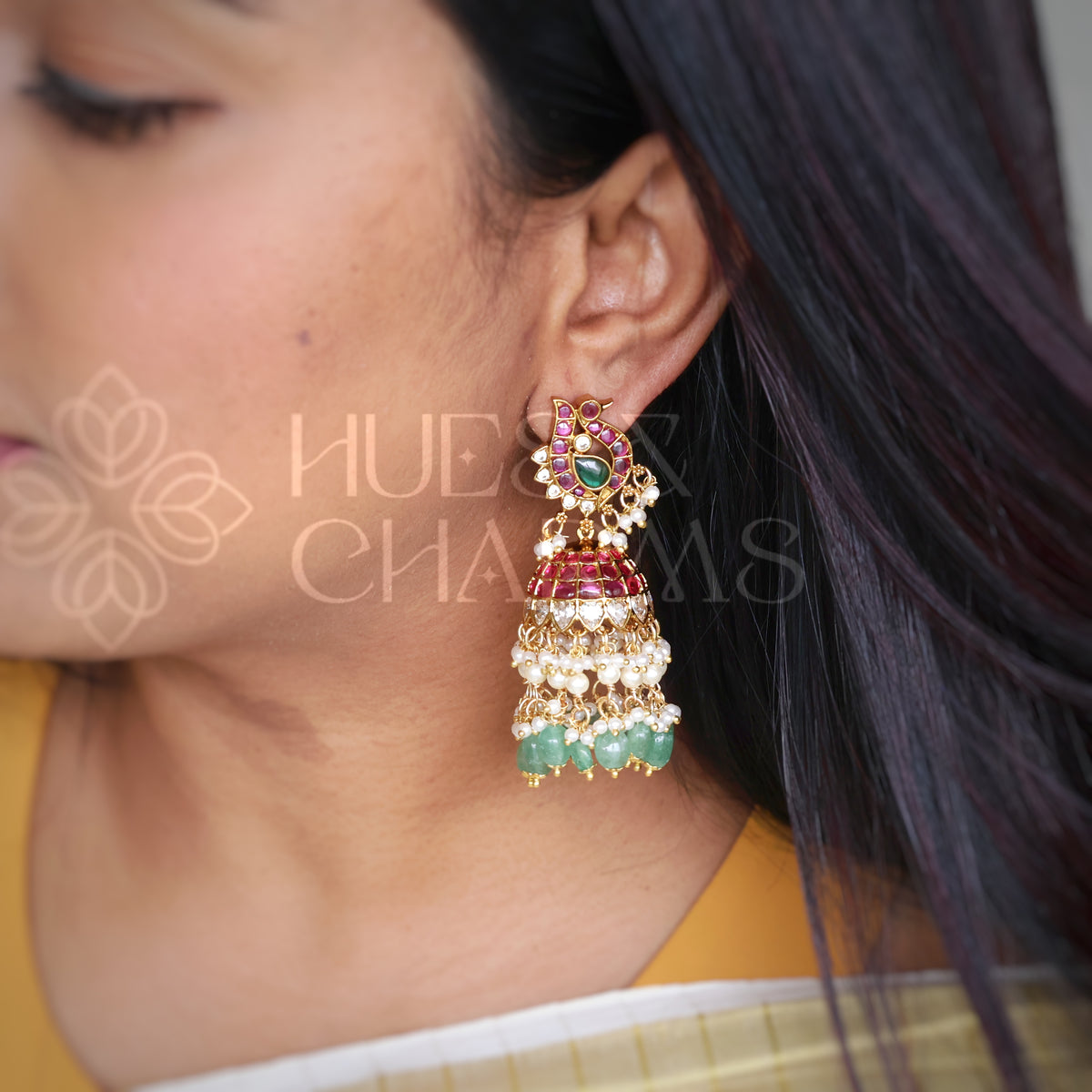 GOLDEN STATEMENT MAYURLEKHA KUNDAN KEMP JHUMKA WITH PEARLS | PREMIUM JEWELLERY