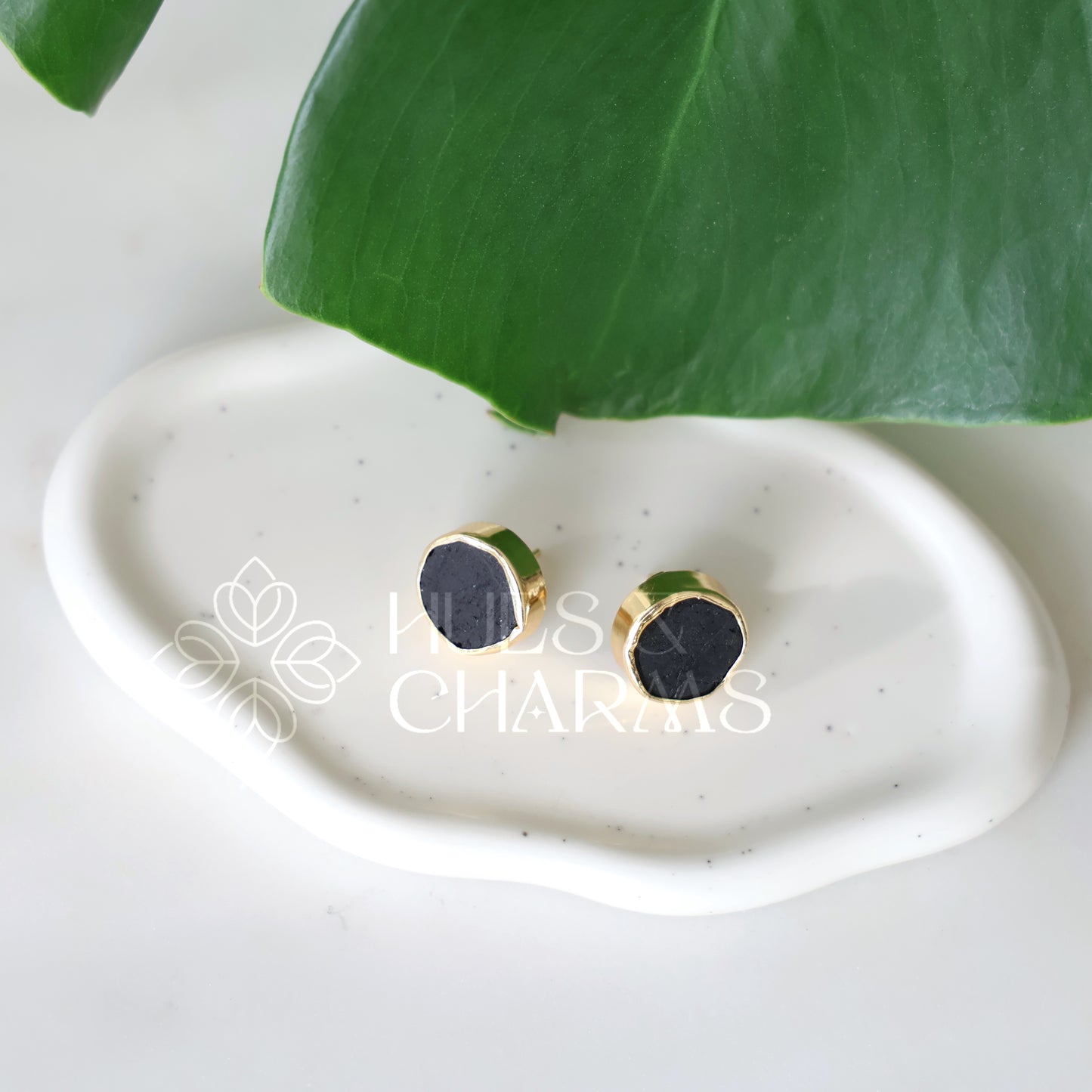 GOLDEN ROUND RAW STONE  STUD EARRINGS (COLOURS AVAILABLE)