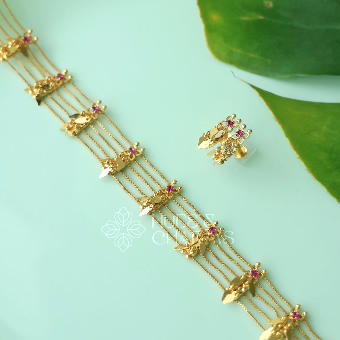 TRADITIONAL STATEMENT 5 LAYER RUBY ELAKKATHALI CHOKER SET | GOLD PLATED