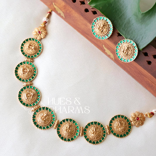 GOLDEN GREEN STATEMENT LAKSHMI NECKLACE SET