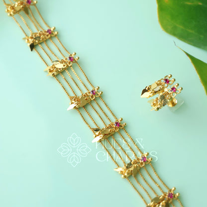 TRADITIONAL STATEMENT 5 LAYER RUBY ELAKKATHALI CHOKER SET | GOLD PLATED