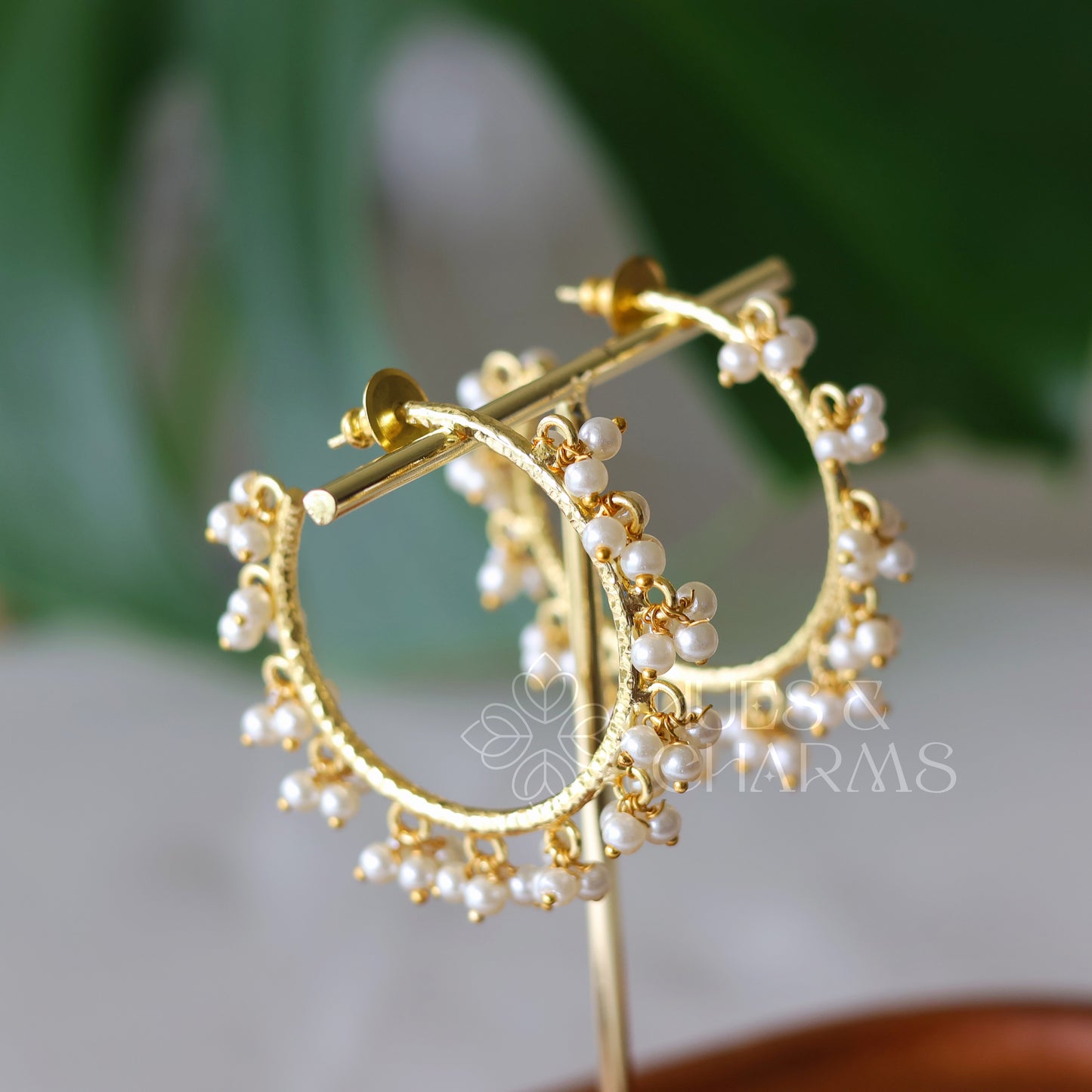 Golden Hammered Hoops with Cluster Pearls