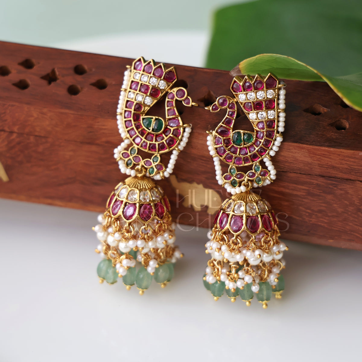 GOLDEN STATEMENT KEMP MAYURA JHUMKA WITH PEARLS | PREMIUM JEWELLERY