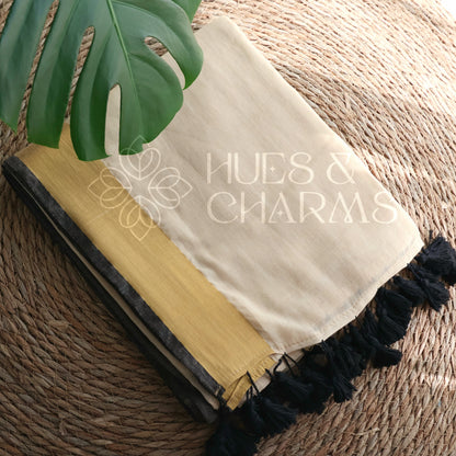 PURE MUL COTTON SAREE  - BLACK TULIP (MUD WHITE)