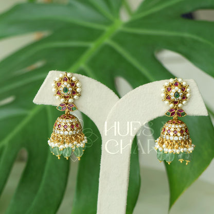 GOLDEN RATNIKA KEMP JHUMKA WITH PEARLS | PREMIUM JEWELLERY