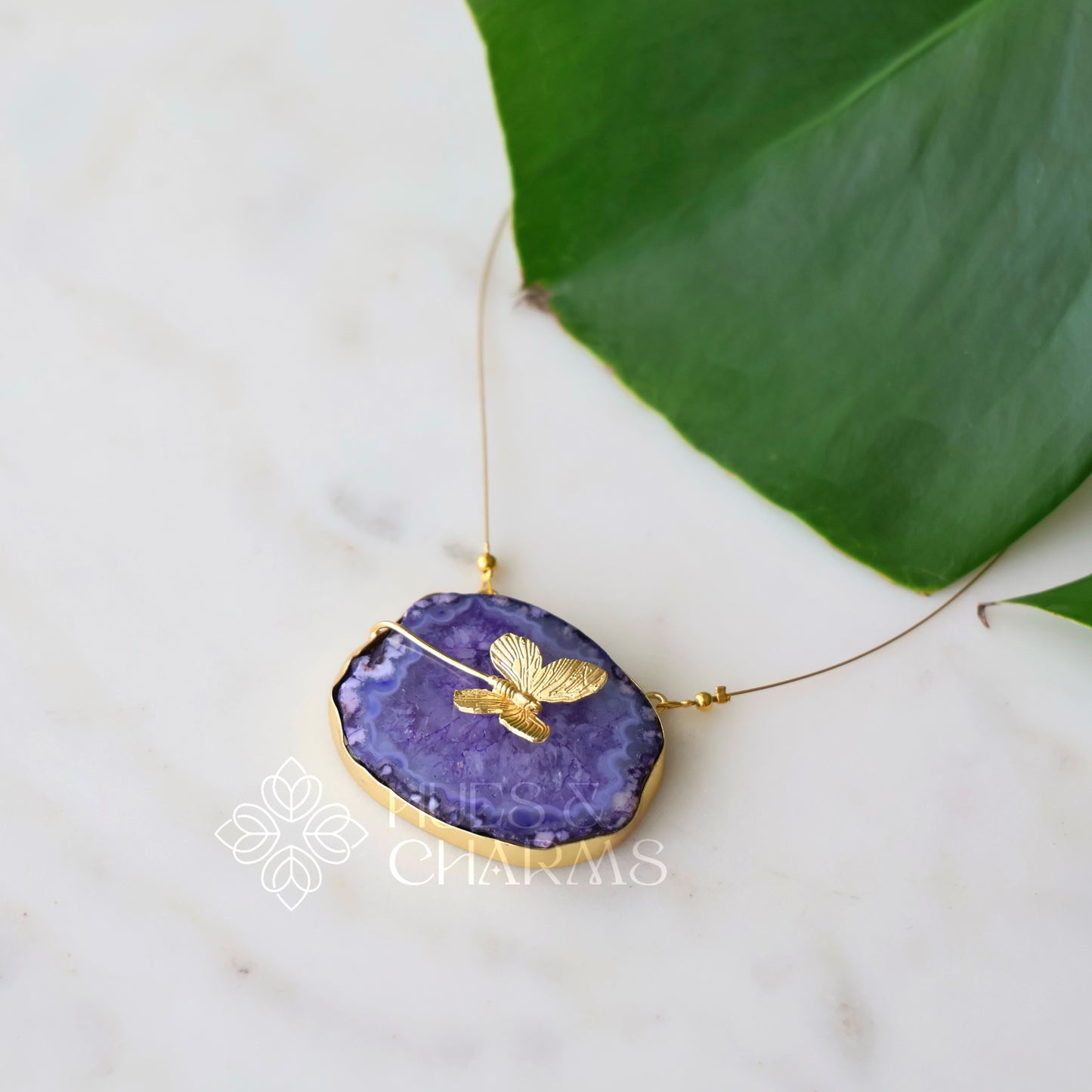 AGATE  STONE WITH BUTTERFLY X FLOATING NECKPIECE (COLOURS AVAILABLE)