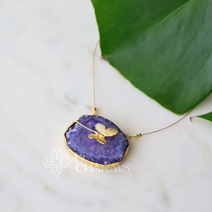 AGATE  STONE WITH BUTTERFLY X FLOATING NECKPIECE (COLOURS AVAILABLE)