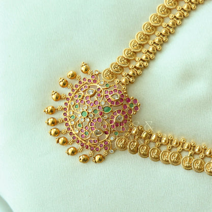 GOLDEN MAYURA LAKSHMI COIN KEMP NECKLACE SET | Premium jewellery