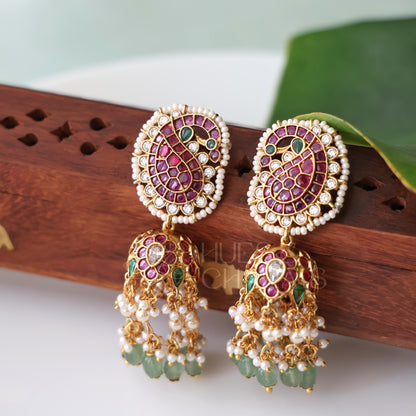 GOLDEN STATEMENT MAYURINI KEMP RAGA JHUMKA WITH PEARLS| PREMIUM JEWELLERY