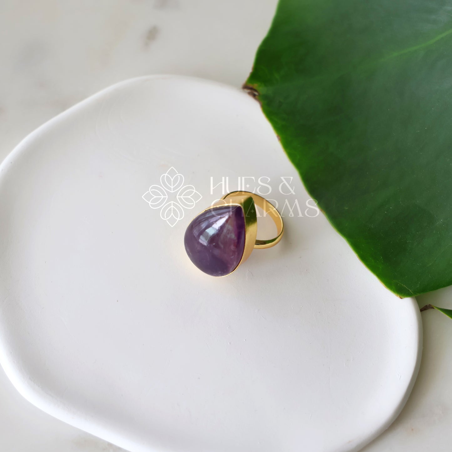 GOLDEN AMETHYST DROP STONE ADJUSTABLE RING