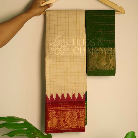 MADURAI SUNGUDI GANGA JAMUNA BORDERED SAREE (MUD WHITE COLOUR )