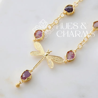 GOLDEN RAW STONE ENCHANTED DRAGONFLY NECKLACE SET (Colours available)