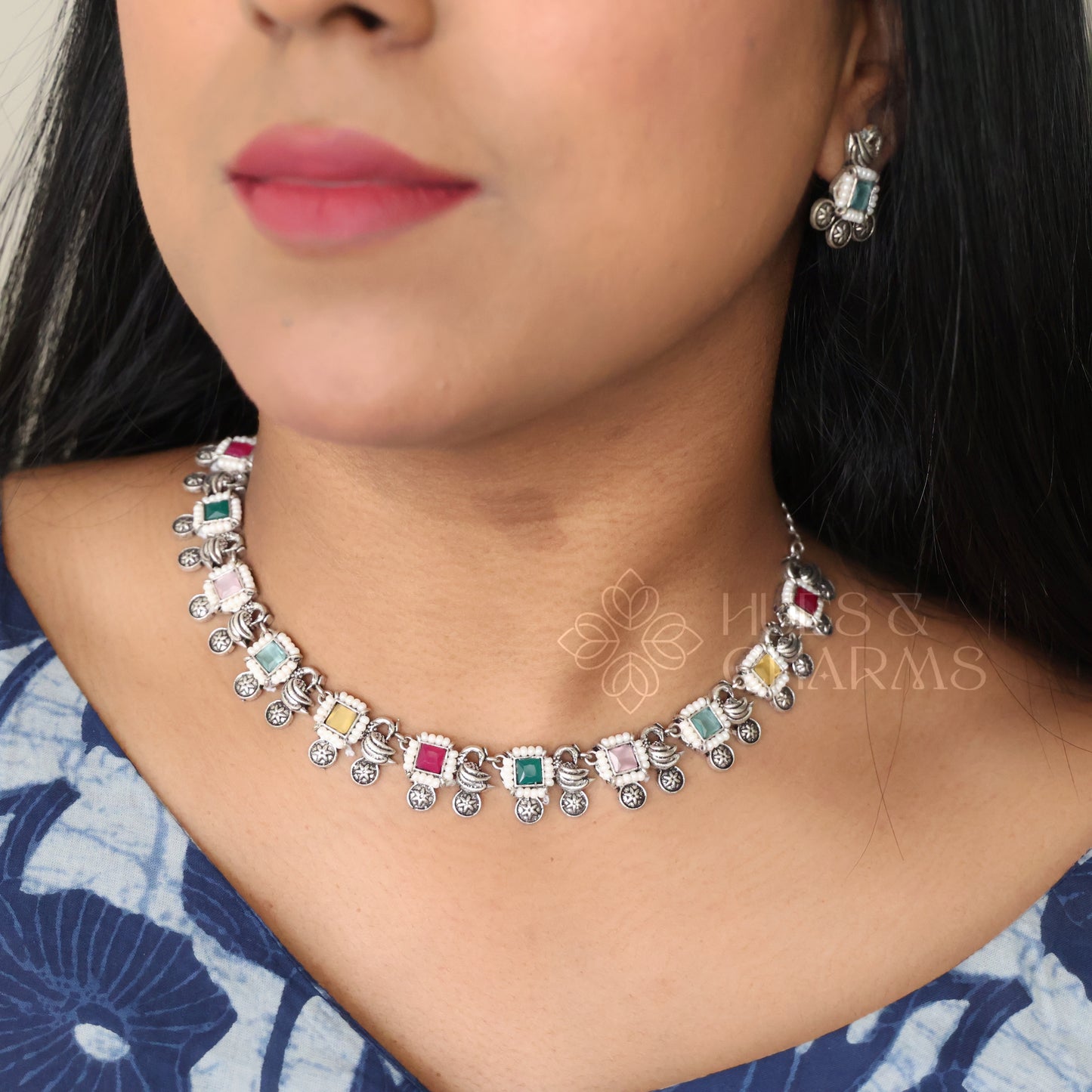 OXIDIZED GLOSSY NECKLACE SET WITH BEADS (Colours available )