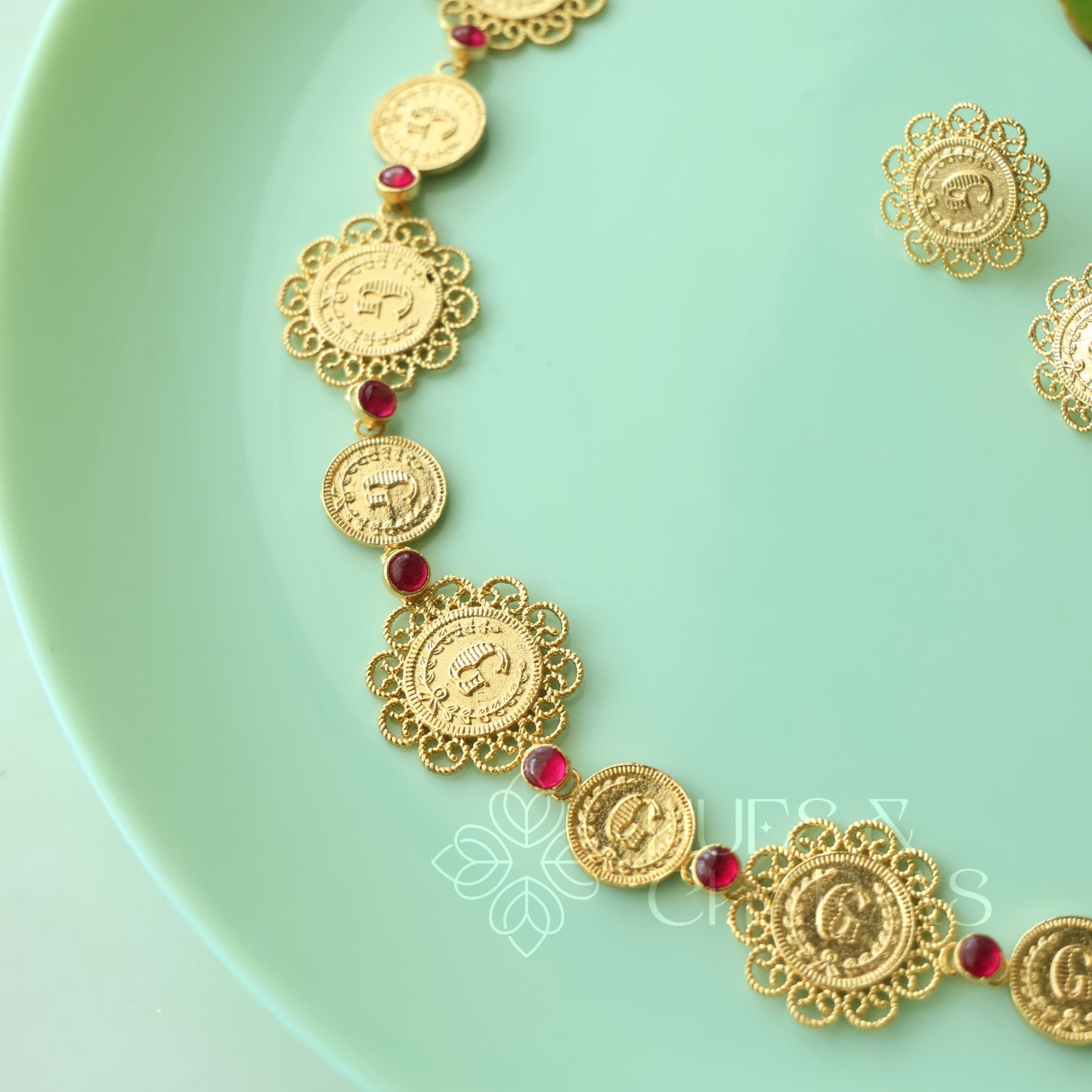 TRADITIONAL RUBY COIN NECKPIECE SET| GOLD PLATED (NON IDOL VERSION)