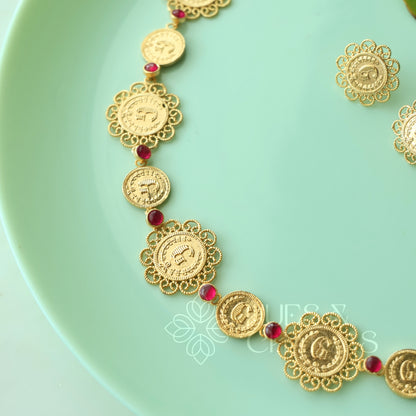TRADITIONAL RUBY COIN NECKPIECE SET| GOLD PLATED (NON IDOL VERSION)