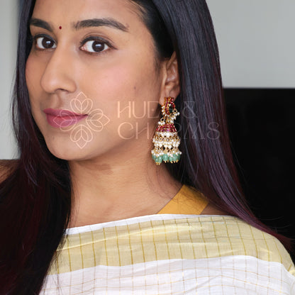 GOLDEN STATEMENT MAYURLEKHA KUNDAN KEMP JHUMKA WITH PEARLS | PREMIUM JEWELLERY