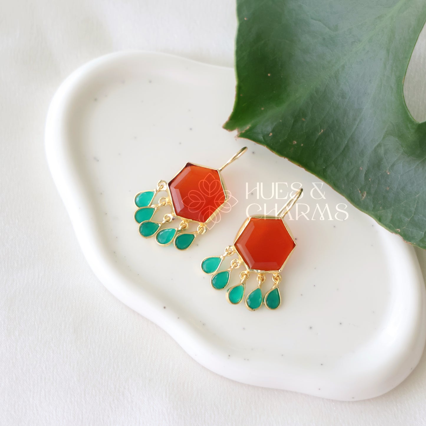 GOLDEN GLOSSY HEXA DEWDROPS EARRINGS (COLOURS AVAILABLE)