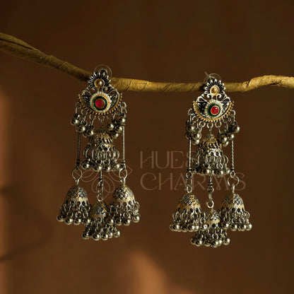 OXIDIZED DUAL TONE 3 LAYERED JHUMKA EARRINGS