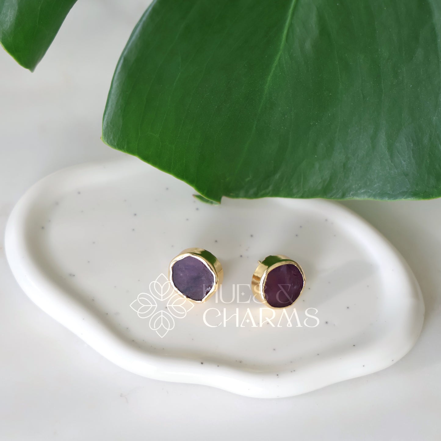 GOLDEN ROUND RAW STONE  STUD EARRINGS (COLOURS AVAILABLE)
