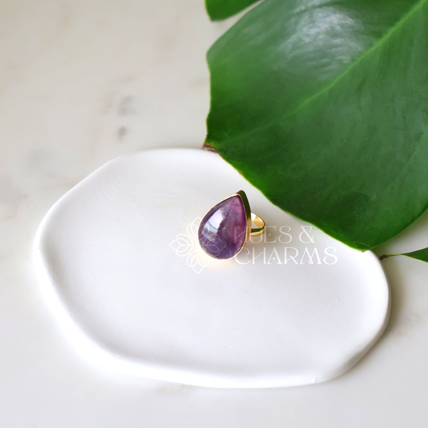 GOLDEN AMETHYST DROP STONE ADJUSTABLE RING