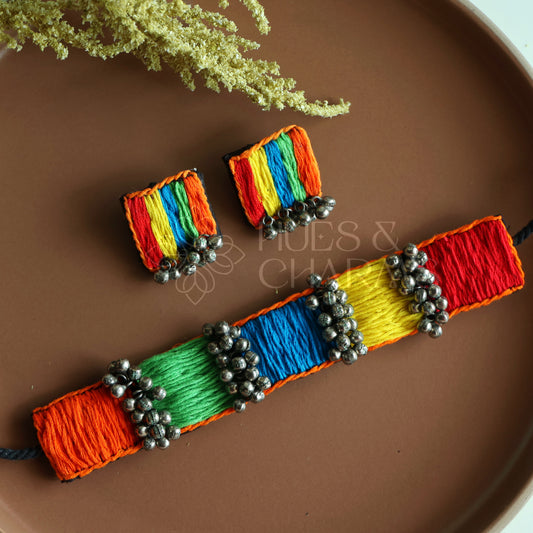 MULTICOLOURED FABRIC BOHO CHOKER SET WITH GHUNGAROO