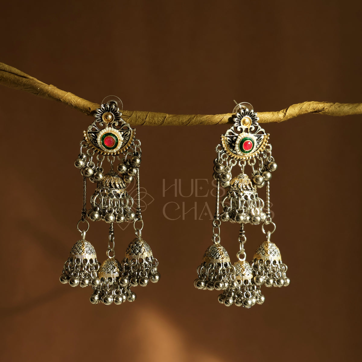 OXIDIZED DUAL TONE 3 LAYERED JHUMKA EARRINGS