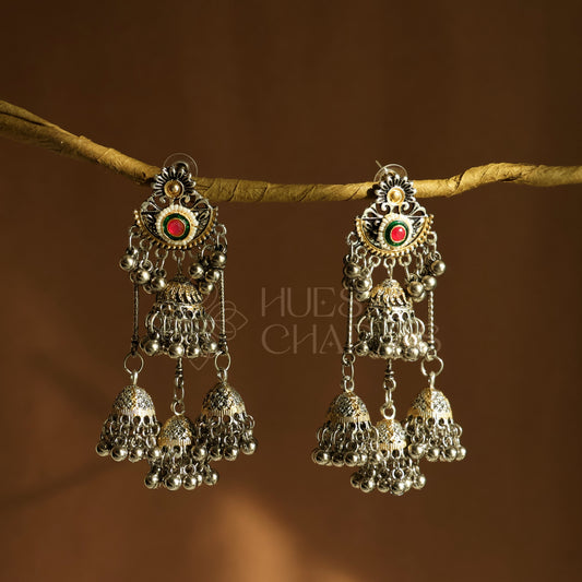 OXIDIZED DUAL TONE 3 LAYERED JHUMKA EARRINGS