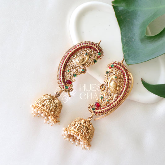 GOLDEN STATEMENT MAYURA EAR CUFF JHUMKAS WITH PEARLS