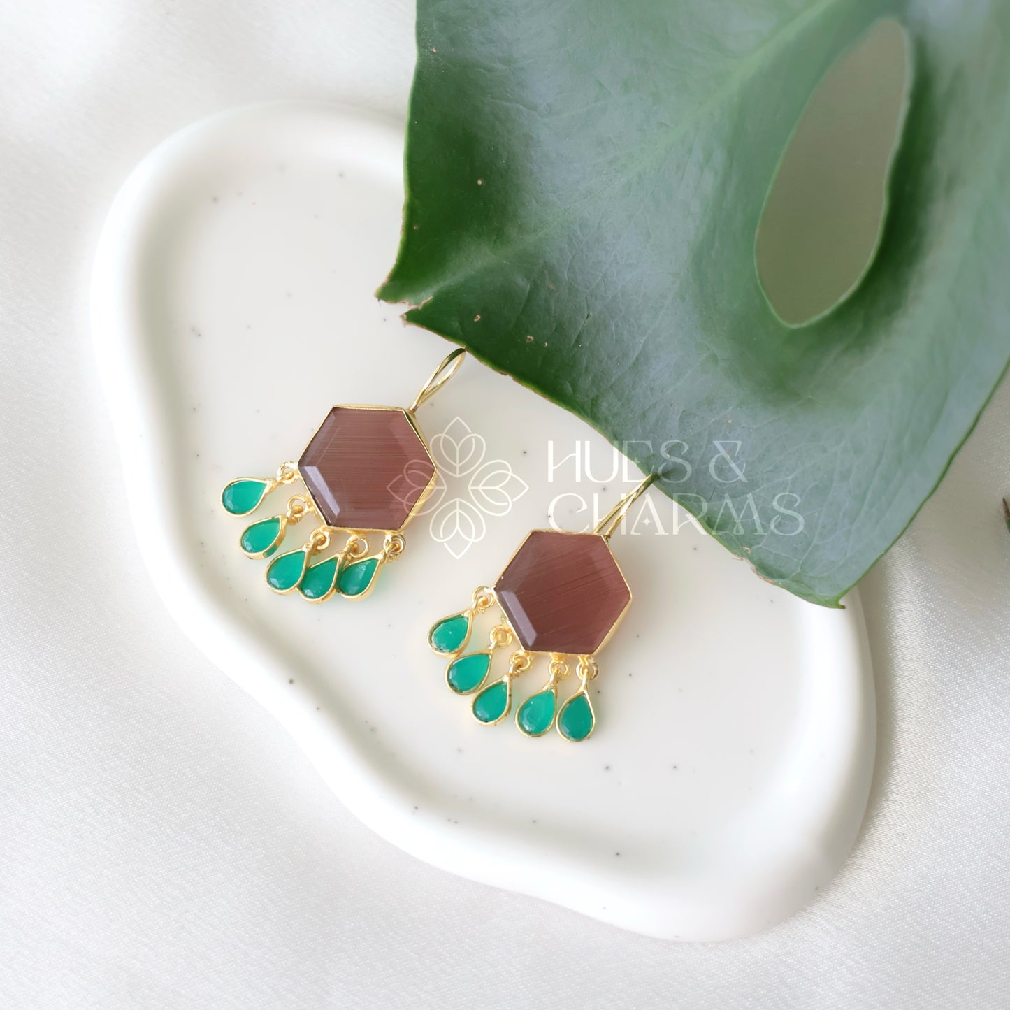 GOLDEN GLOSSY HEXA DEWDROPS EARRINGS (COLOURS AVAILABLE)