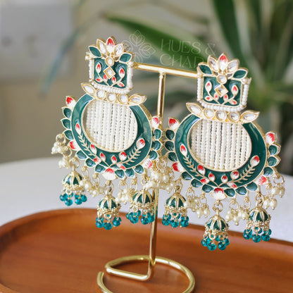 MEENAKARI EARRINGS WITH TRI JHUMKA  - GREEN