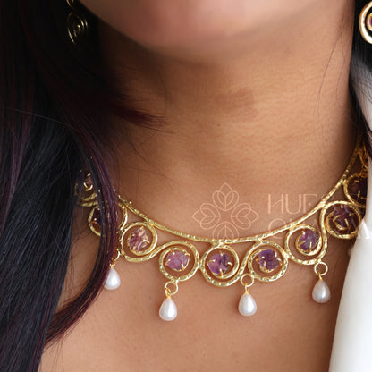NATURAL STONE LUMIERE NECKLACE SET WITH PEARLS (Colours available)