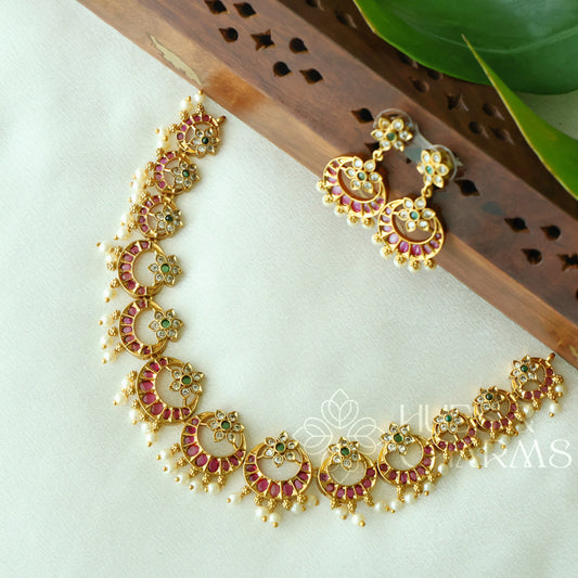 GOLDEN  PADMARAGA KEMP NECKLACE SET WITH PEARLS| Premium jewellery
