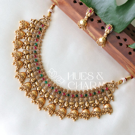 GOLDEN STATEMENT JHUMKA NECKLACE SET (COLOURS AVAILABLE)