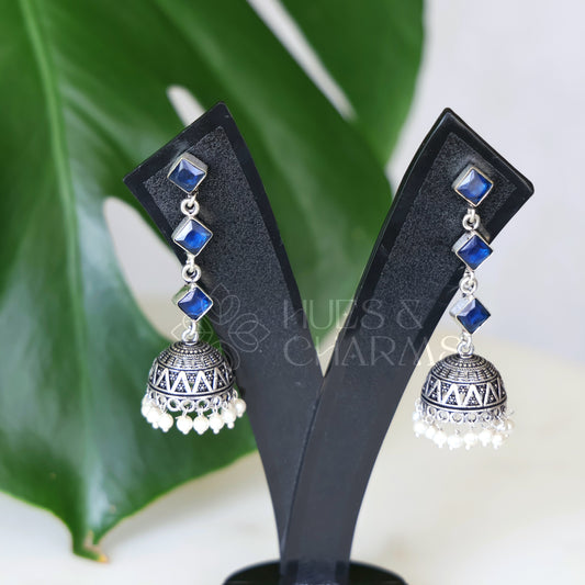 OXIDISED 3 STONE JHUMKAS( COLOURS AVAILABLE )