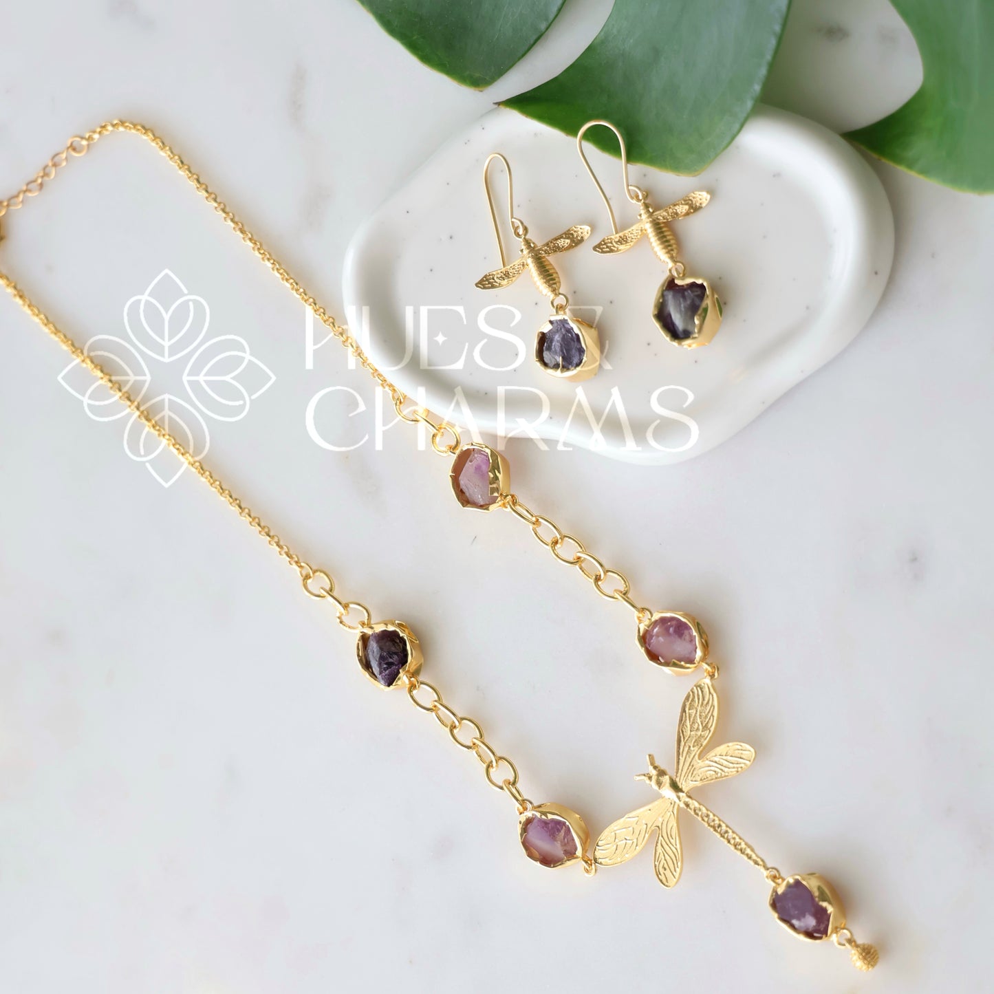 GOLDEN RAW STONE ENCHANTED DRAGONFLY NECKLACE SET (Colours available)