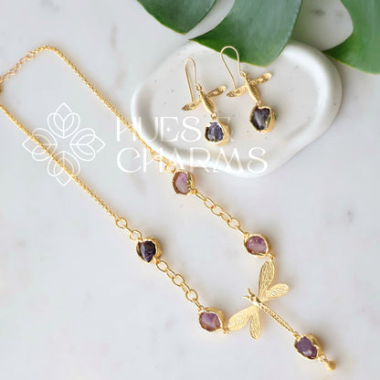 GOLDEN RAW STONE ENCHANTED DRAGONFLY NECKLACE SET (Colours available)