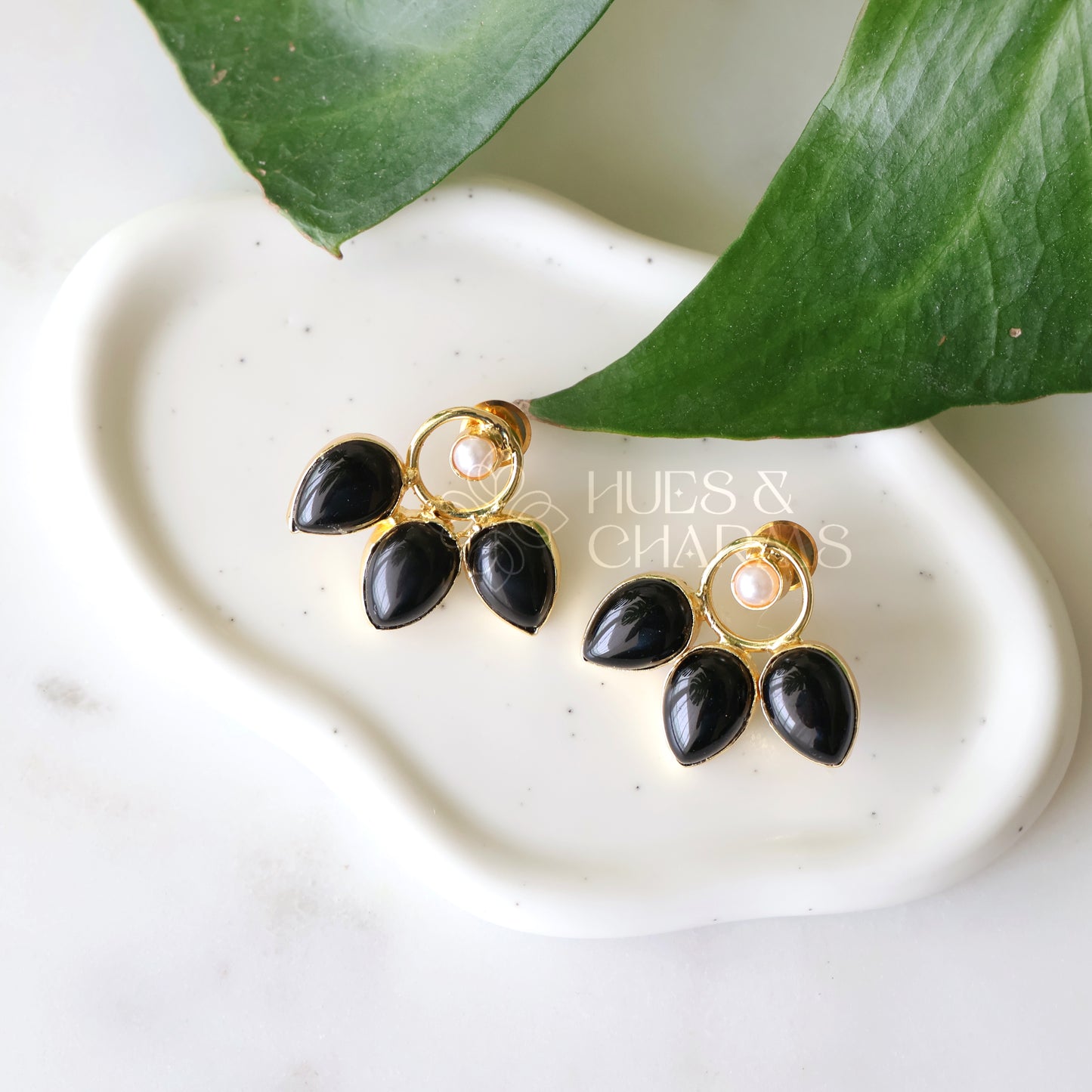 GOLDEN FLORA RAW STONE DROP EARRINGS WITH PEARL (COLOURS AVAILABLE)