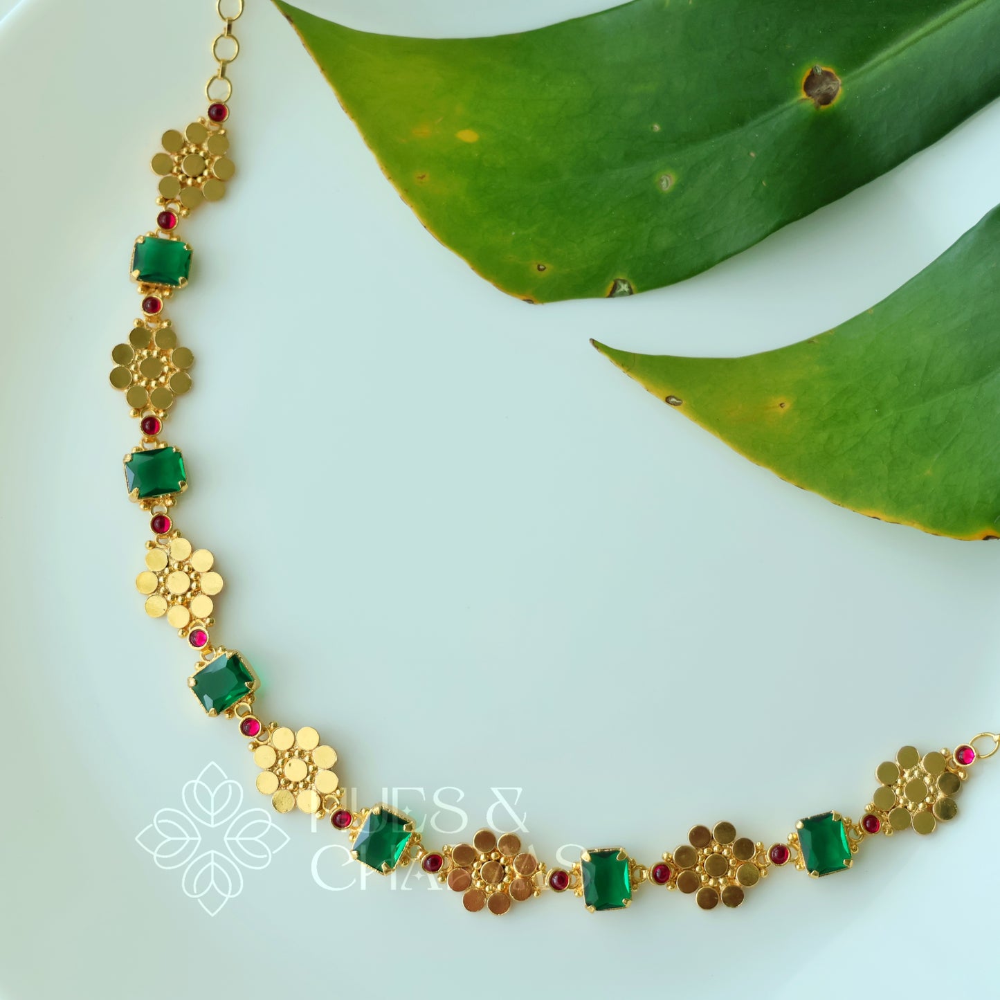 TRADITIONAL PUSHPA EMERALD AND RUBY DETAILED NECKPIECE | PREMIUM GOLD PLATED