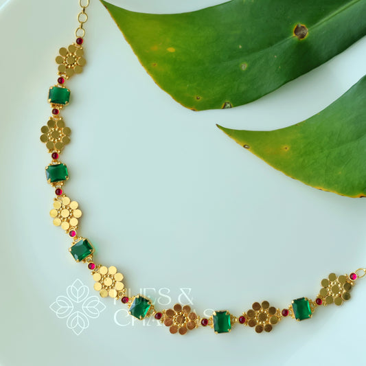 TRADITIONAL PUSHPA EMERALD AND RUBY DETAILED NECKPIECE | PREMIUM GOLD PLATED