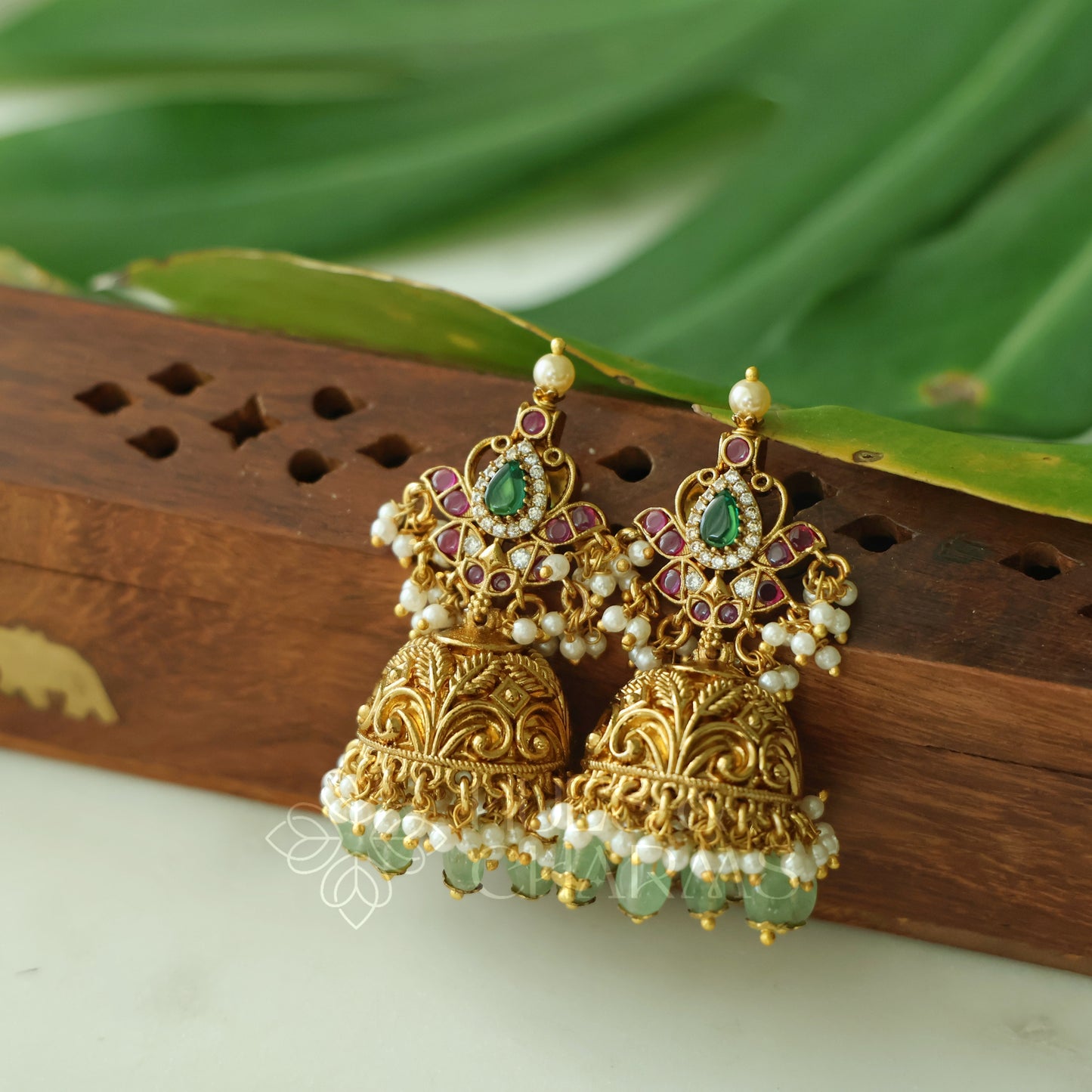 GOLDEN KAMALINI KEMP JHUMKA WITH PEARLS | PREMIUM JEWELLERY
