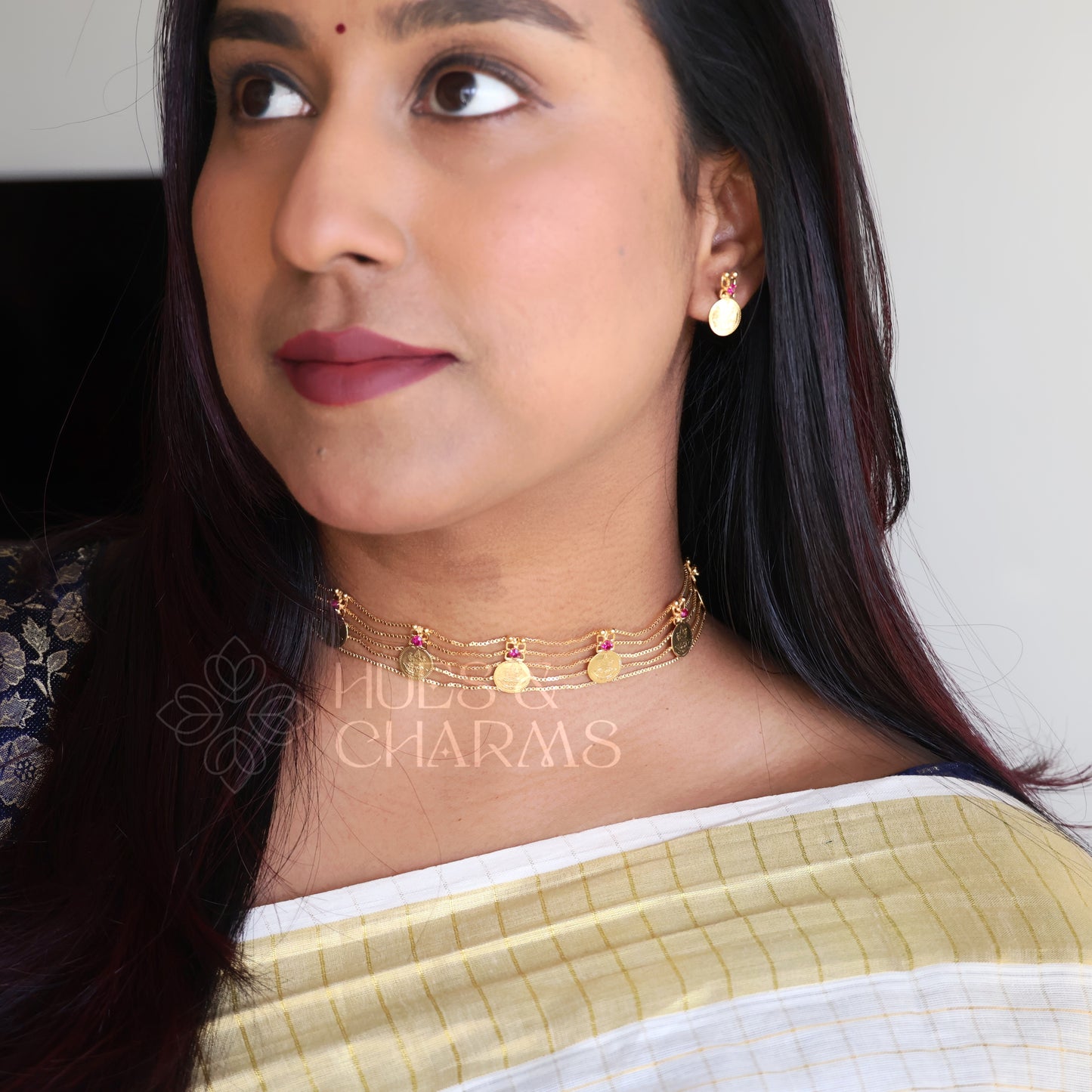 TRADITIONAL KASHU LAKSHMI COIN CHOKER SET | GOLD PLATED
